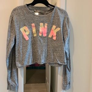 PINK crop top long sleeve with back lace design.